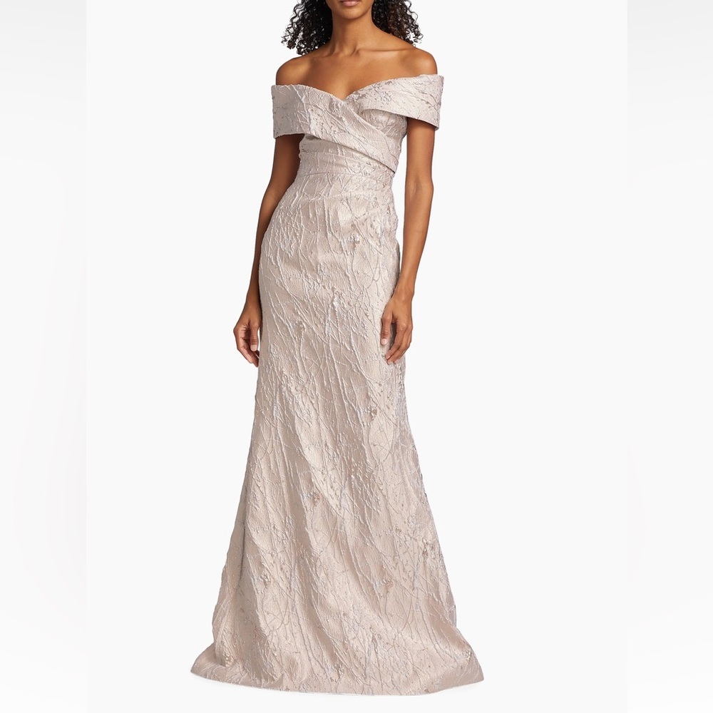 Teri Jon Metallic Jacquard Off-Shoulder Evening Gown in Blush Multi Size 6 NWT